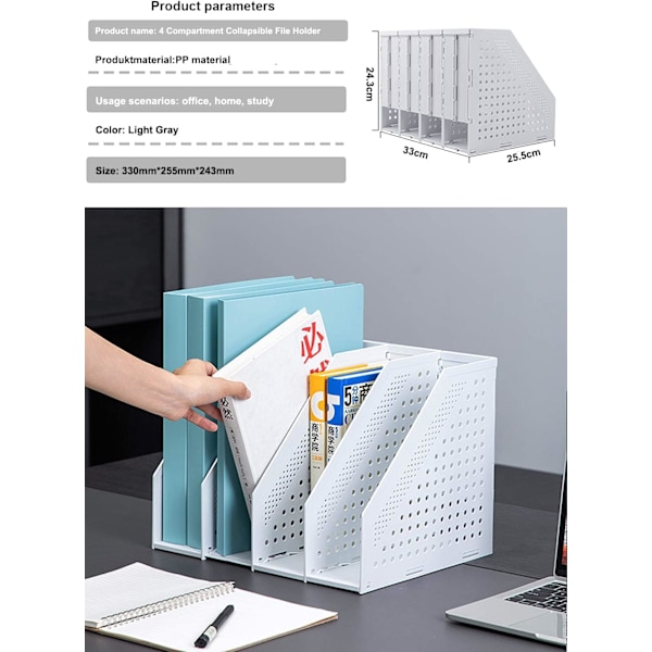 A4 Filholder, Sammenleggbar Bokylle, 4 Vertikale Rom, Magasinholder, Skrivebordsorganisator (Lys Grå) light gray