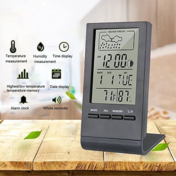 Digital LCD Inomhus Termometer Hygrometer Väckarklocka Kalender Väderstation Bordsklocka Temperatur Luftfuktighetsmätare Barometer
