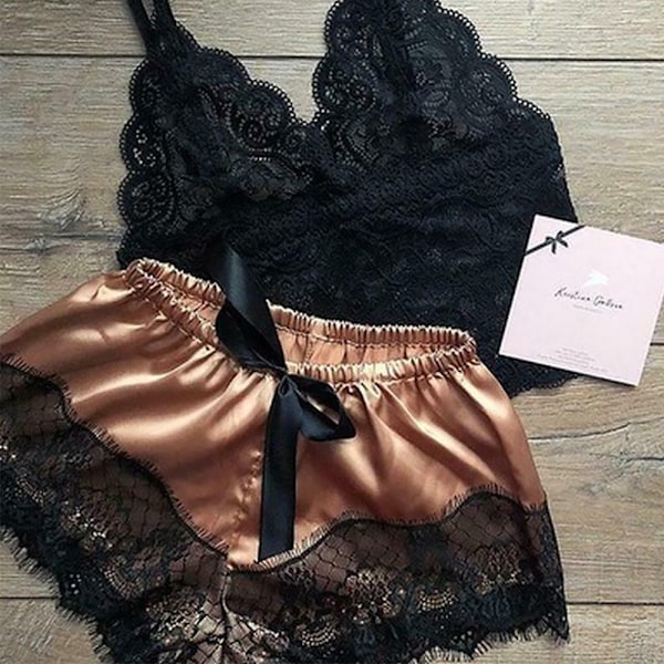 Sexiga underkläder för kvinnor, spetstoppar & shorts pyjamas underkläder Brons Bronze L