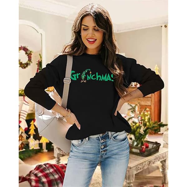 Glædelig Jul Sweater Kvinder Jul Langærmet Sweater Bluse Top Sort Black L