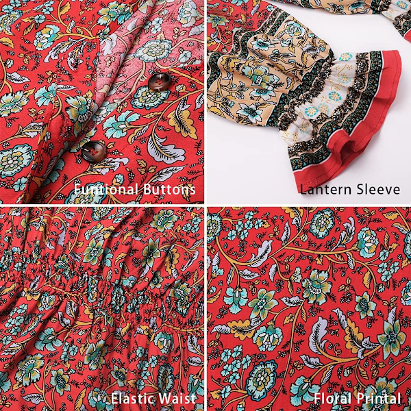Langærmet Maxikjole til Kvinder - V-udskæring Casual Knap-ned Boho Blomsterprint Efterår Lange Kjoler
