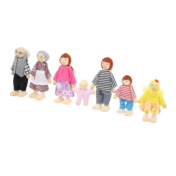 Dockfamilj i trä, 7 dockor, skala 1:12, för lek och simulering