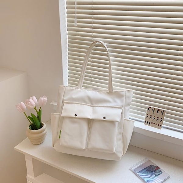 Kvinner Multi Lommer Glidelås Vanntett Lett Tote Bag Casual Store Skuldervesker Søte Canvas College Totes