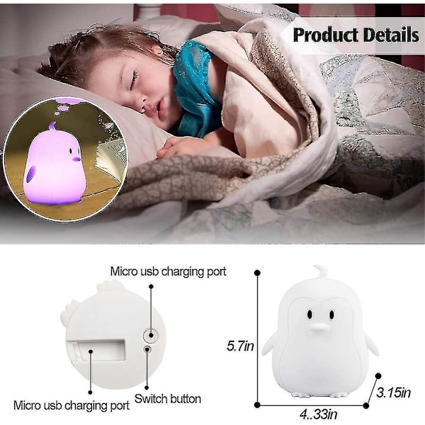 Børne Natlampe (silikone lampe) USB Genopladelig Pingvin Natlamper, 9 Farver Skifter Med Berøringssensor Og Fjernbetjening Til Baby/børn/voksen Senge
