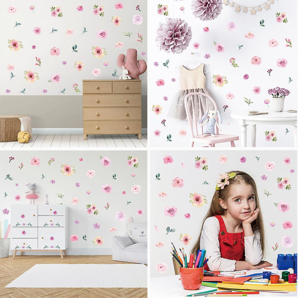 Akvarell rosa blommor väggdekor, för flickor sovrum bröllopsfest dekoration (120st färgglada blommor väggdekaler)