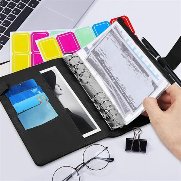 A6 Læderbinder med 6 Ringe Budgetbinder Kontantkuvert Pengebesparende Binder Black