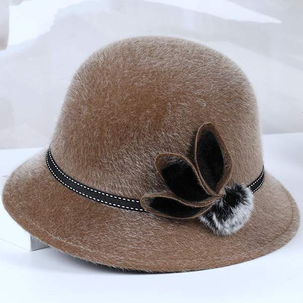 Elegant filthat til kvinder, stilfuld bowlerhat med blomster til efterår/vinter