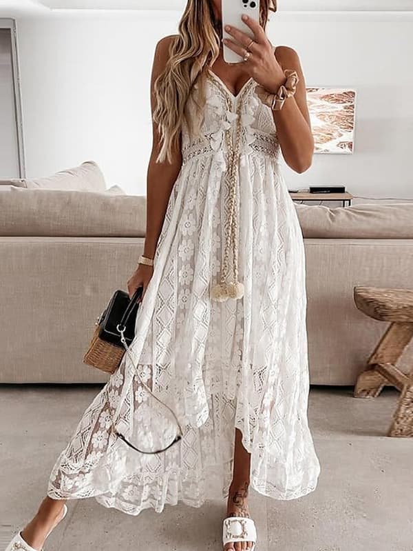 Dam Swing Klänning Maxi lång Klänning Vit Beige Ärmlös tryck Vit White M
