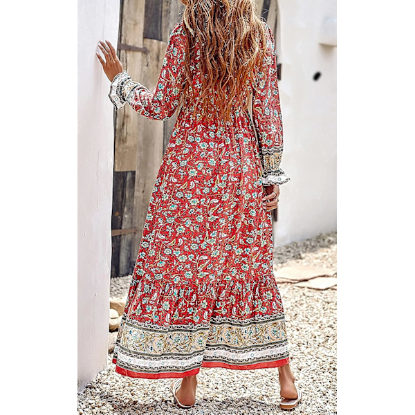 Langærmet Maxikjole til Kvinder - V-udskæring Casual Knap-ned Boho Blomsterprint Efterår Lange Kjoler