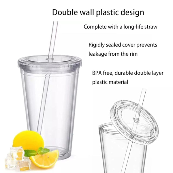 Gjenbrukbare plastkopper, dobbelvegget gjennomsiktig drikkekopp med sugerør, gjenbrukbare kopper, egnet for fruktjuice