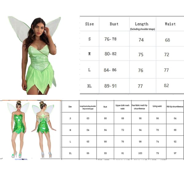 Féklänning för kvinnor, Tinker Bell, grön älvkostym med gröna vingar Grön Green S