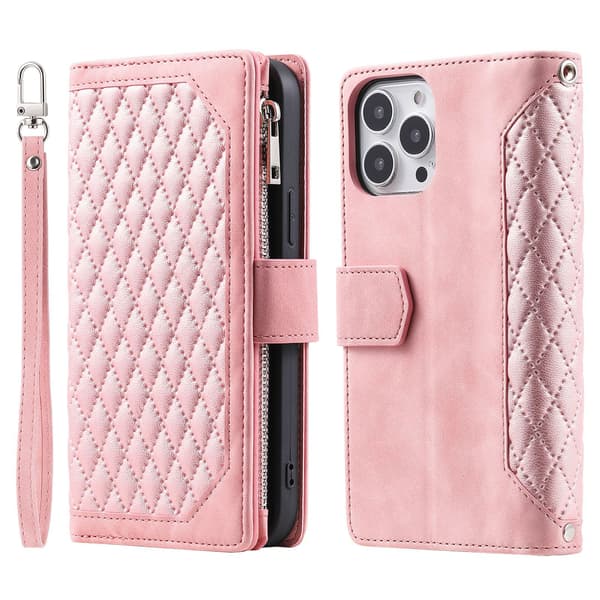 Plånboksfodral kompatibelt med iPhone, Rombs PU-läder + mjukt TPU-ramskydd med snodd pink iphone11PRO MAX