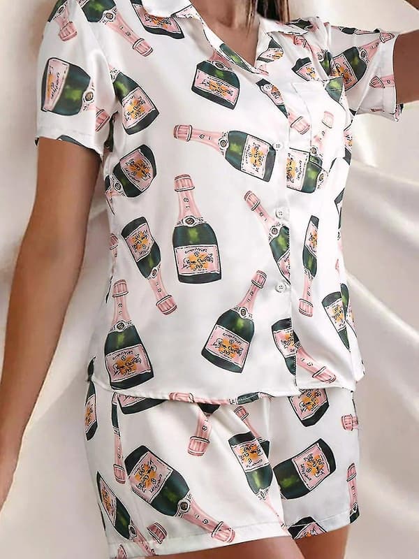 Champagneflaskor Pyjamas Set Dam Tryckt Kortärmad 2 Delar Mjuk Lös Casual Sovkläder TA M