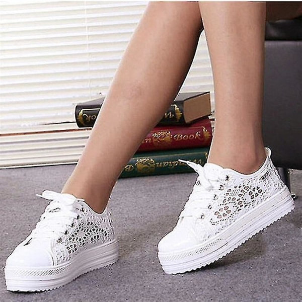 Women's Summer Casual White Shoes Lace Canvas Hollow Breathable Women's Sports Shoes