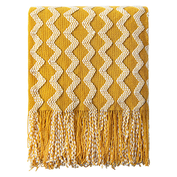 Akryl Strikket Teppe, Lett og Mykt Koselig Dekorativt Vevd Teppe med Frynser for Reise, Sofa, Seng, Sofa, 51x67 Tommer curcuma
