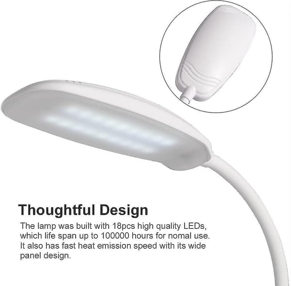 LED Leselys - Oppladbar Bordlampe med Klemme og USB-kabel, Hvit