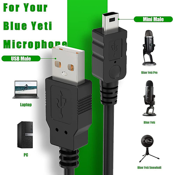 Mini USB-mikrofonkabel til Blue Yeti, 1m Yeti mikrofon USB-kabel USB A han til Mini 5-benet datakabel til Blue Yeti USB-mikrofon, Blue Sn