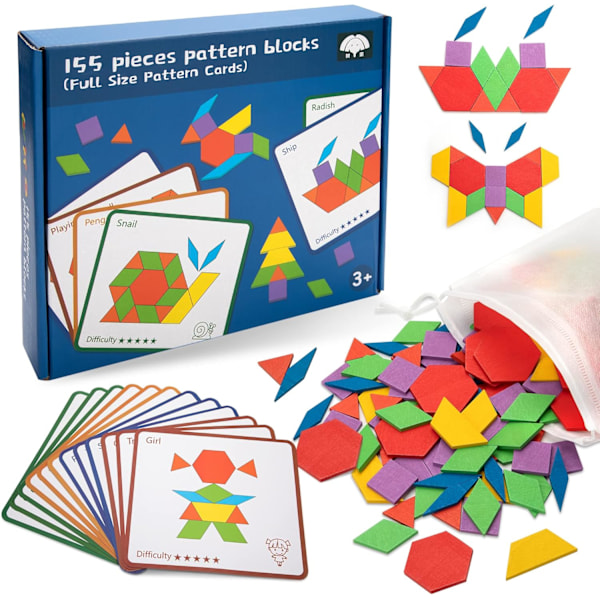 Tangram-puupalapeli, geometriset muodot, palapeli, opettavainen lelu, 155 osaa, geometriset pelit lapsille 3, 4, 5, 6, 7 vuotta