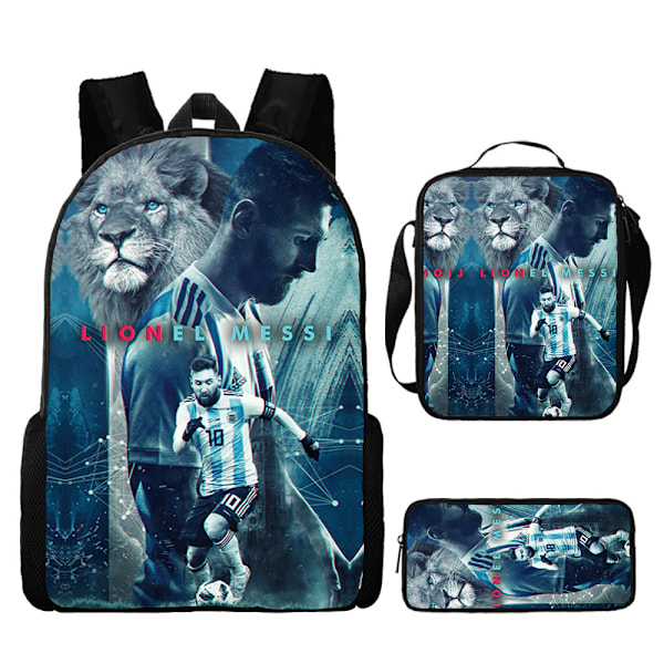 3-delt sett med ryggsekk, messengerbag og pennal med Lionel Messi fotballstjernetrykk P2 P2 3Pcs Set