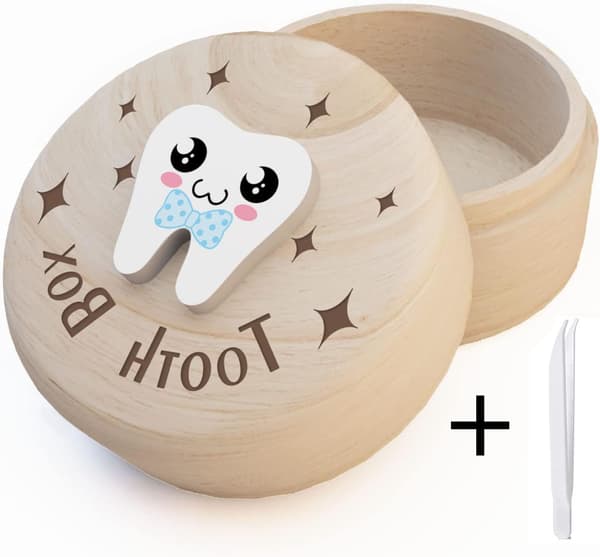 Tannboks i tre til baby, første tann, minneboks med liten pinsett, babyshowergave til gutter og jenter A1