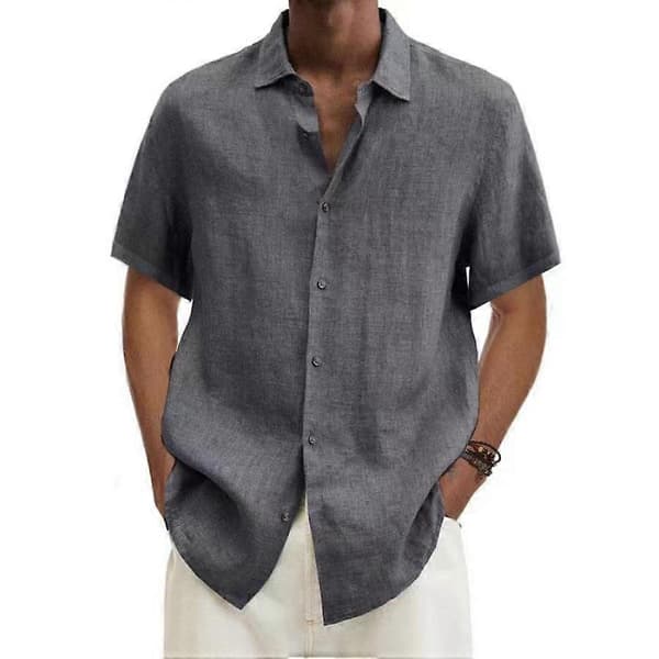 Sommerskjorte med krage og knapper i bomull og lin, ensfarget herrebluse blå blue S
