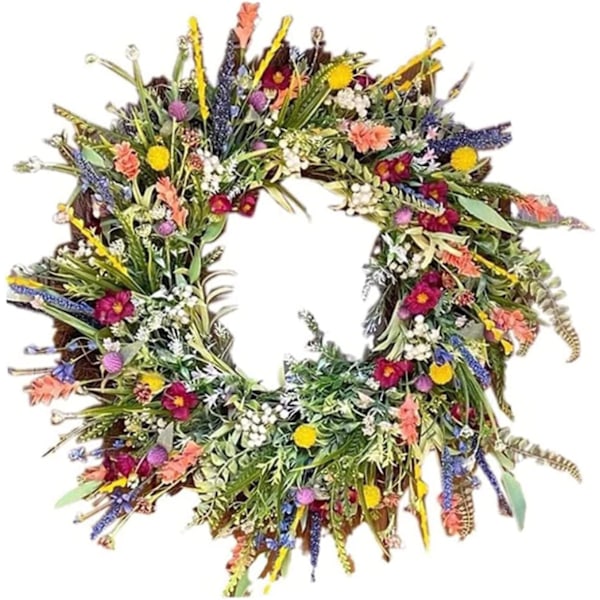 Vår-sommer dørkrans for inngangsdøren, kunstig villblomst vårkrans, allsidig dekorativ krans fargerik vår-sommer krans 35cm