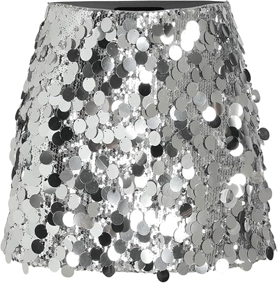 Paljettskjørt for kvinner, glitrende elastisk bodycon miniskjørt til fest, sølv silver M