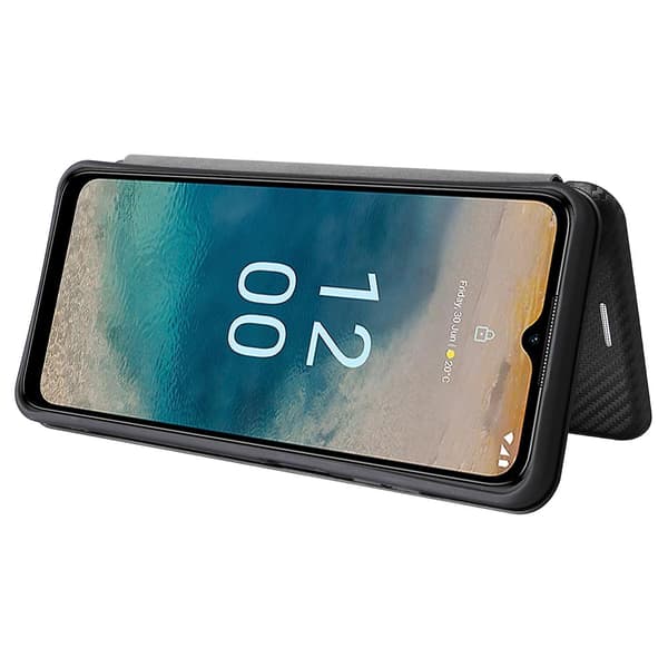 Nokia G22 Læder Etui med Kulfibertekstur, Flip Folio Stativ, Kortslot