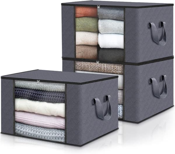 Förvaringslådor för Kläder, Förvaringsväskor för Kläder, Garderobsförvaring, med Förstärkta Handtag (Mörkgrå, 3-pack)