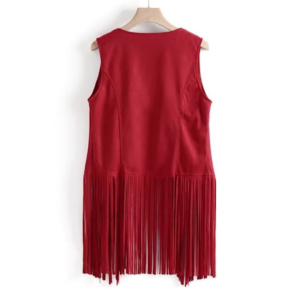 Damtopp med fransar, 70-tals hippie fuskmocka fransjacka kofta, Disco randig linne red XL