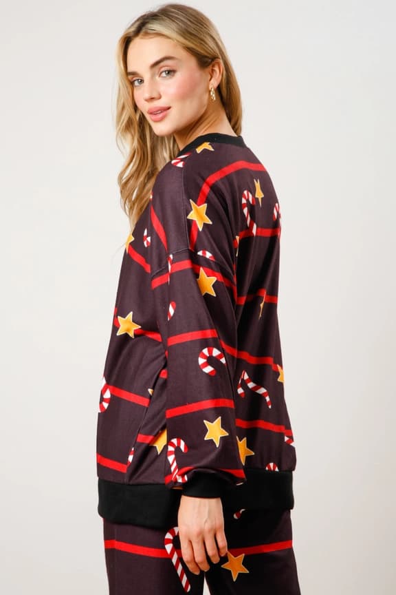 Julpyjamas för kvinnor, randig lounge-set med polkagrisar, julpyjamas-set svart black M
