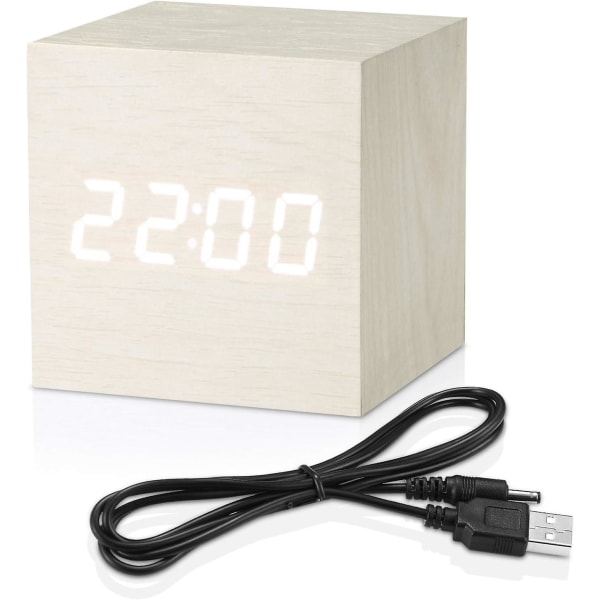 Digital Alarm Clock White, Micar Wood Led Light Mini Modern Cube Desk Alarm Clock Displays Time Date Temperature For Kids, Bedroom, Home, Dormitory, T