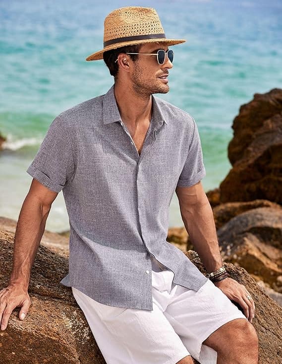 Hørskjorter til mænd Kortærmede afslappede skjorter Button Down skjorte til mænd Strand Sommer Stengrå Stone Grey L