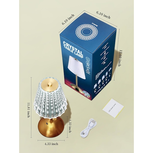 Bordlampe Touch Lamper Nattbordslampe, 10-veis Dimbar Bordlampe for Stue, 3 Farger Liten Lampe for Soverom, Lade Crystal Table Lamp