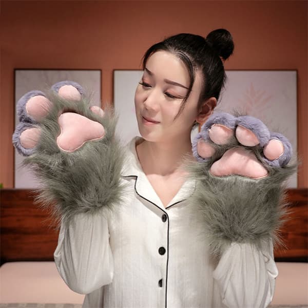 Søde Kattepote Vinterhandsker til Kvinder, Cosplay Varme Håndvarmere med Poteprint Design til Kvinder Grå Gray 1pair