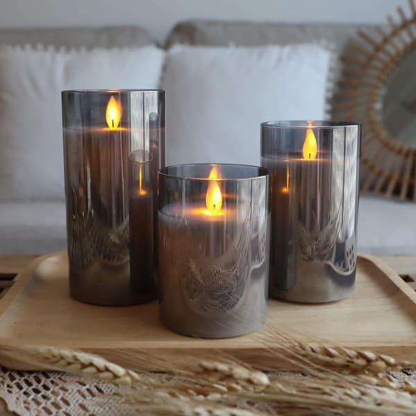 3 Flammeløse Lys 10-15cm Elektriske Lys Grå Glas Søjler