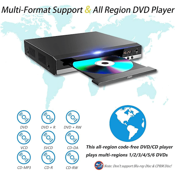 DVD-afspiller til TV med HDMI, DVD-afspiller, der afspiller alle regioner, CD-afspiller til hjemme-stereosystem, HDMI & RCA-kabel inkluderet.