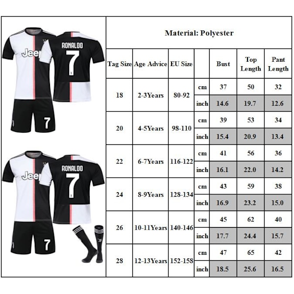 Fotballdrakt for barn, 1920 Juventus hjemmedrakt NO.7 Ronaldo fotballuniform 26