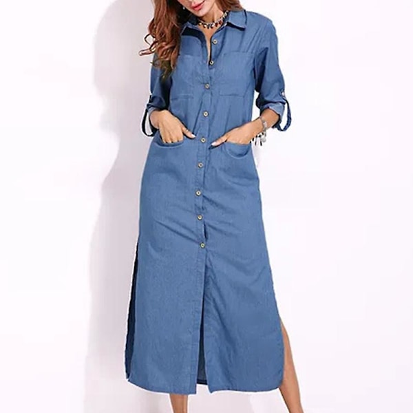 Ladies Jean Dresses Long Sleeve Denim Shirt Dress Women Travel Single Breasted.