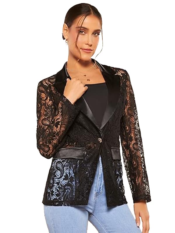 Elegant dameblazer med blomsterblonde og lange ærmer M