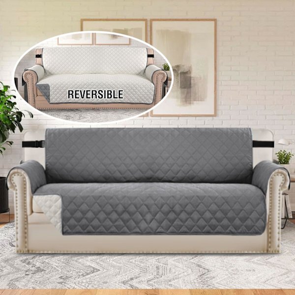 Vendbart sofabetræk til 3-personers sofa, vandafvisende sofabetræk med elastikbånd (Sofa, Grå/Beige) Three-seater