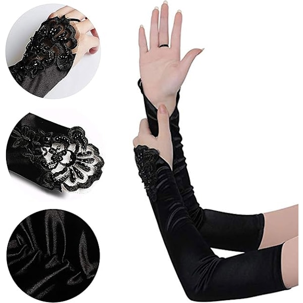 1 par lange elastiske fingerløse handsker til kvinder Spids Opera Aftenhandsker Satinhandsker til Halloweenfest, bryllup, koncert (sort)