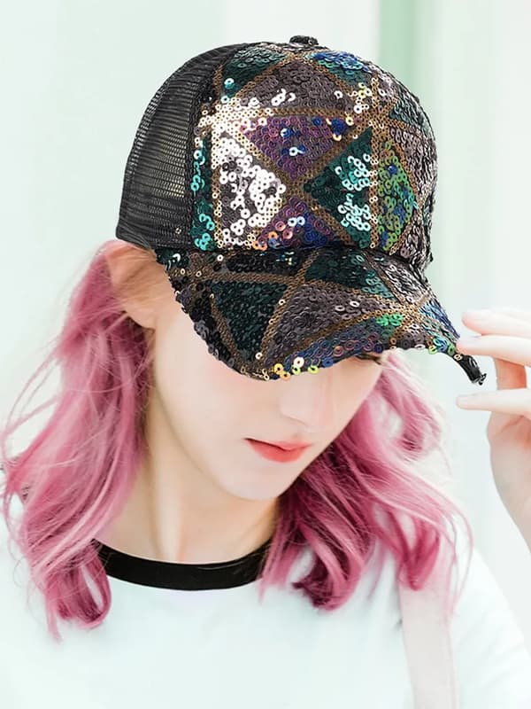 Baseballkasket med pailletter, trendy åndbar mesh-hat til kvinder og mænd Black