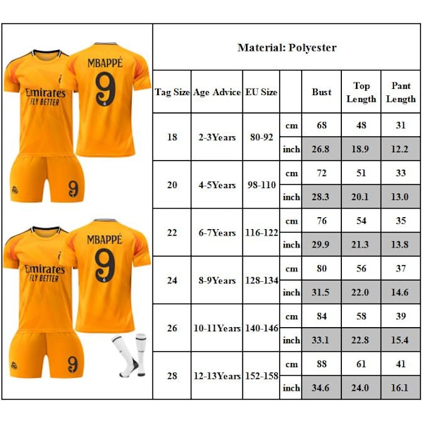 2024-2025 Orange Real Madrid Udebanesæt Fodbold Activewear #9 Mbappe Børne Fodboldtrøje Sæt Fodboldtrøjer Mode Sport T-Shirt 26
