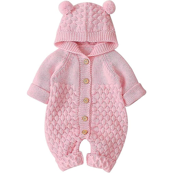 Babystrikket Romper Jumpsuit med Hetter - Vintervarmer Pink 66cm