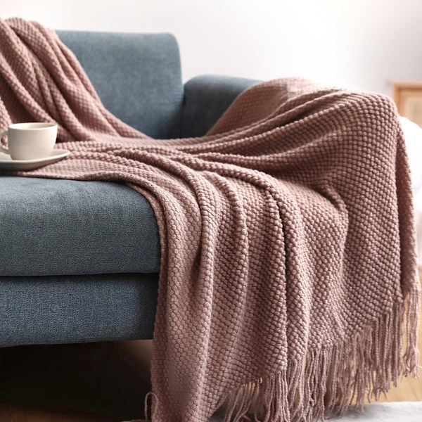 Akryl Strikket Teppe, Lett og Mykt Koselig Dekorativt Vevd Teppe med Frynser for Reise, Sofa, Seng, Sofa, 51x67 Tommer Dirty powder