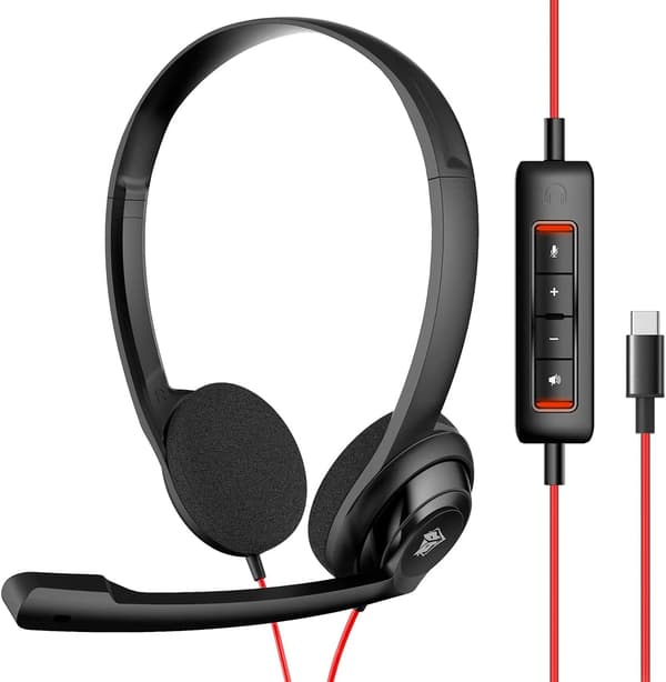 USB-C Headset med mikrofon til bærbar computer, telefon, hovedtelefoner med støjreducerende mikrofon til computer, on-ear kablet kontorheadset til USB-C