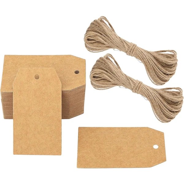 100 st Kraft Presentetiketter 4x 7 Cm blankt papper Br?llopsetiketter 300g/m F?delsedagsbagageetiketter H?ng etikett med garn h