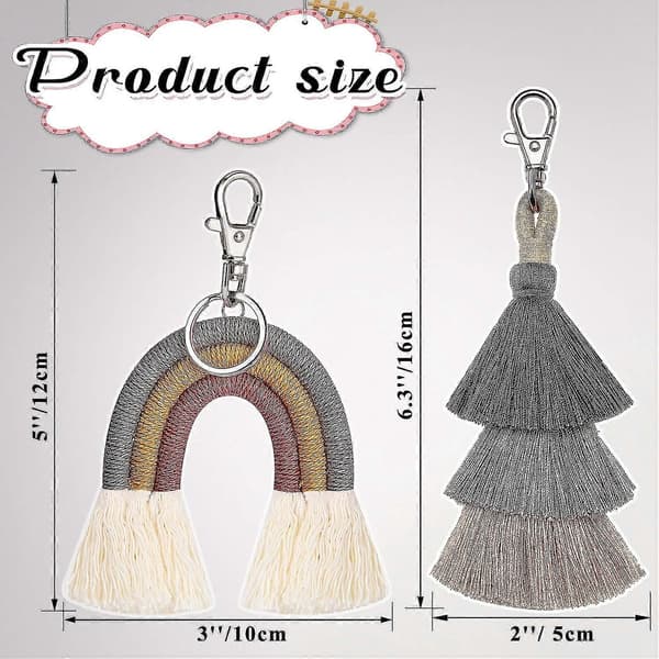 2 delar Boho Regnbågsnyckelringar Pom Pom Frans Makramé Nyckelringar för Kvinnor Flickor