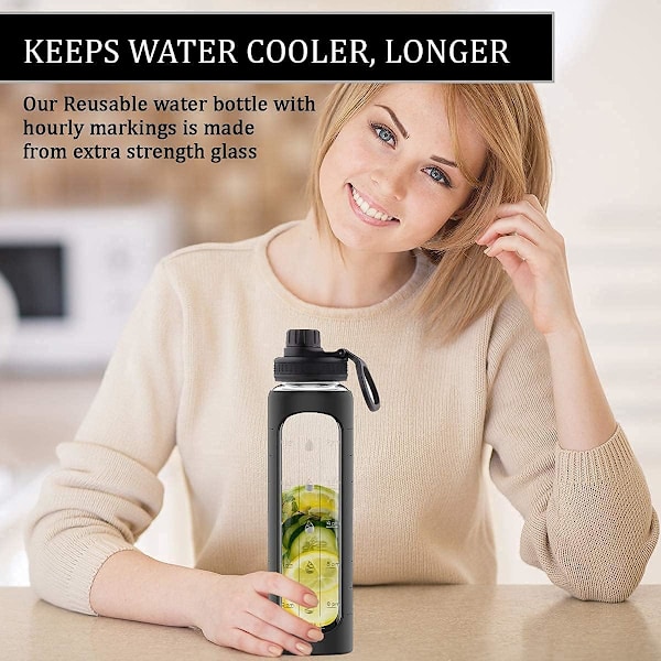 946 ml lasipullo aikatarkistusmuistutuksella, 1 litran lasipullo, BPA-vapaa, (musta suojus) Black
